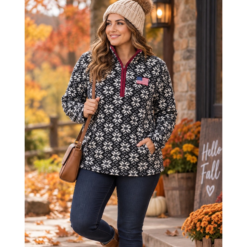Lands End Womens Extra Large 18 Fair Isle Quarter Zip Fleece Americana Pullover